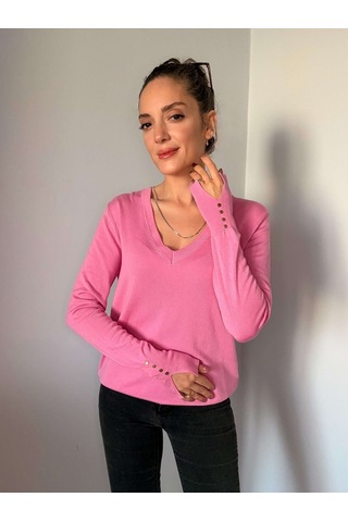 Ali Butik Pembe V Yaka Kol Detaylı Triko Pembe