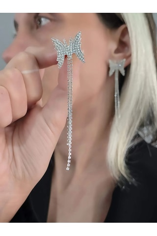 Kelebek Model Uzun Sallantılı Küpe Silver