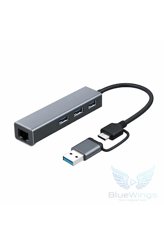 Multi Girişli Usb Type-c Ethernet Adaptör 3 Port Usb 3.0 Hub Rj45 Gigabit 1000 Mbps Lan Dönüştürücü Apple Uyumlu Macbook / Laptop