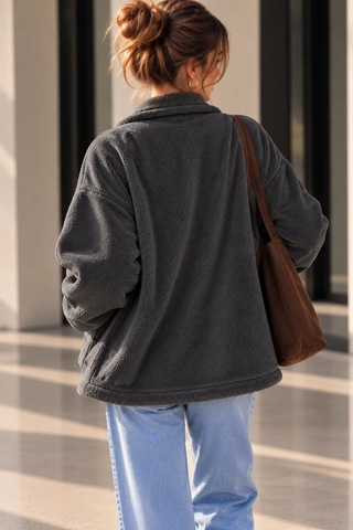 Bb Butik Basic Kadın Peluş Düğmeli Cepli Rahat Kesim Ceket Zg9016 Siyah