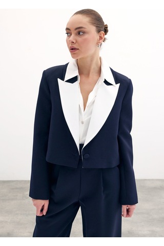 Sateen Kontrast Kısa Ceket - Lacivert-134449 Lacivert