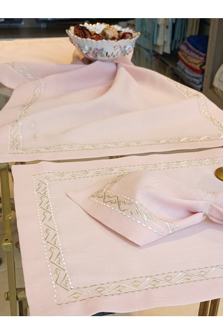 Sim İşlemeli 8 Kişilik Pembe Supla-runer-peçete Takımı Açık Pembe