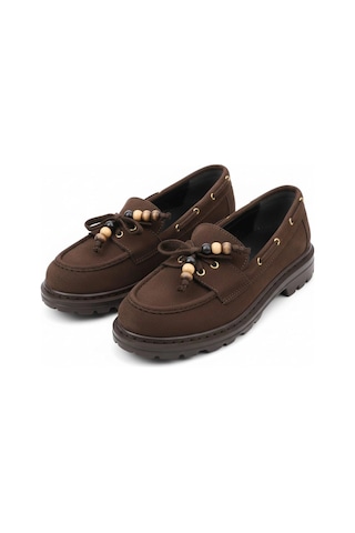 Efw Kadın Yüksek Kaymaz Taban Kahve Süet Boncuklu Bağcıklı Loafer Oxford Ayakkabı