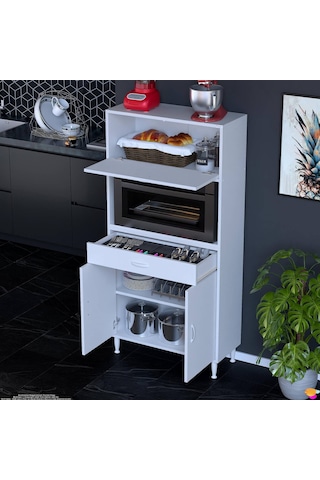 Modilayn Vio 85x163,4x32.5 Cm Çekmeceli, Kapaklı, Ekmeklikli. Mini/midi Mikrodalga Mutfak Dolabı Beyaz