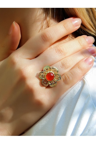 Esha Store Doğal Taş Akik Doğal Taşlı Çiçek Model Telkari Kadın Ayarlanabilir Altın Kaplama Yüzük Euy59ag Kırmızı