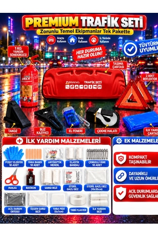 Araç Muayene Uyumlu 22 Parça Acil Durum Ve Profesyonel Trafik Seti ''ab Onaylı Ve Ce Belgeli'' Kırmızı