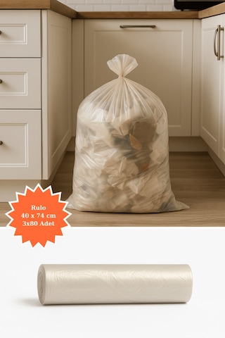 Şeffaf Rulo Çöp Poşeti 40x74cm 3x80 Adet Ev Mutfak İş Ofis Avantajlı Paket