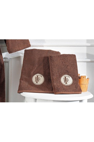 Finezza Troya %100 Pamuk Biyeli Nakışlı Kahverengi Bornoz Seti 3 Kahverengi