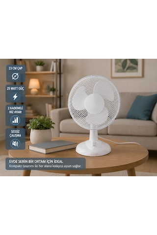 23 Cm Masaüstü Vantilatör 25 Watt 2 Kademeli Hız Ayarlı Sessiz Fan Ev & Ofis Kullanımı