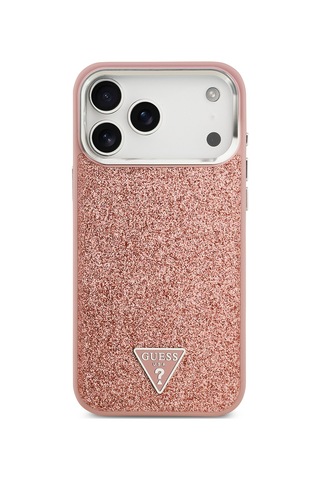 Apple Uyumlu iPhone 17 Pro Max Kılıf Guess Lisanslı M-safeli Metal Kamera Çerçeveli Üçgen Logolu Glitter Pembe Pembe