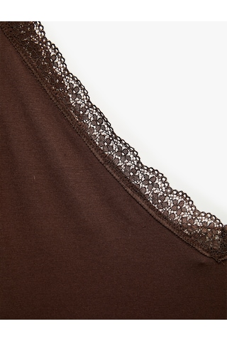 Koton V Yaka Dantel Detaylı Viskon Askılı Pijama Üstü Koyu Kahverengi 6slk90009mk Koyu Kahve