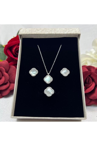 Van Cleef Yonca Beyaz Taşlı Kadın 3'lü Seti 925 Ayar Gümüş Radyumlu 12 Mm Gümüş