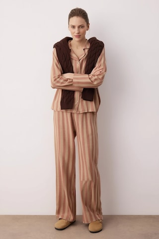 Gül Kurusu-ekru Pamuklu Kalın/kışlık Çizgili Flanel Dokuma Pijama Takımı Çok Renkli