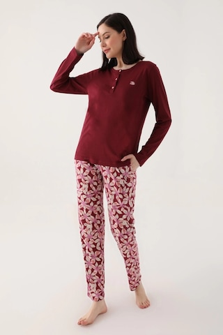 Arnetta 2638 Uzun Kol Kadın Pijama Takımı Kızıl Kahve V1 Kızıl Kahverengi