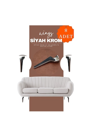 Wings Krom Siyah Mobilya Koltuk Ayağı Chester Komidin Tv Ünitesi Vestiyer Ayağı 21 Cm 8 Adet