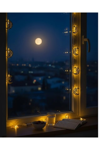 Ramazan Minare Detaylı Hilal Led Işık Günışığı Sarı Metal Süs Çok Renkli