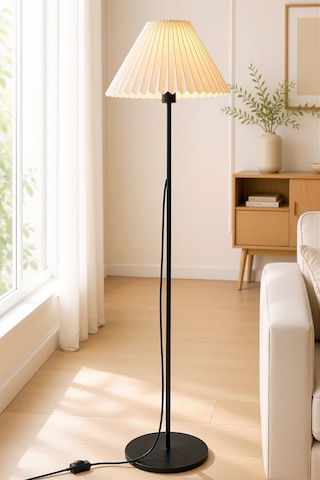 Umbrella Lambader Siyah Metal Tek Ayaklı Lamba Krem Modern Kırma Kumaş Başlık Lam07