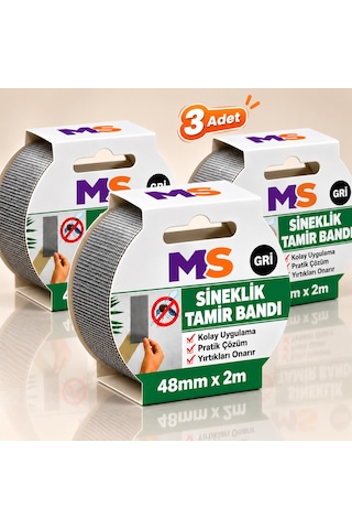 3 Adet Yapışkanlı Gri Sineklik Tamir Bandı 48 Mm X 2 Metre Yaması Tülü Bantı Delik Onarımı Yapıştırma 48 x 48