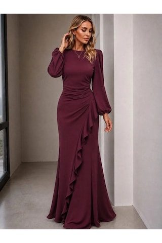 Defymoda Kadın Uzun Kollu Bisiklet Yakalı Önden Fırfırlı Uzun Janjan Krep Elbise Bordo