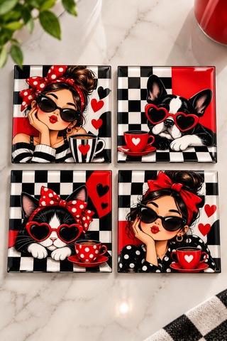 Gökçeoğlu Cam Bardak Altlığı Kırmızı Siyah Beyaz Pop Art Temalı 4'lü Takım 10cm X 10cm Çok Renkli