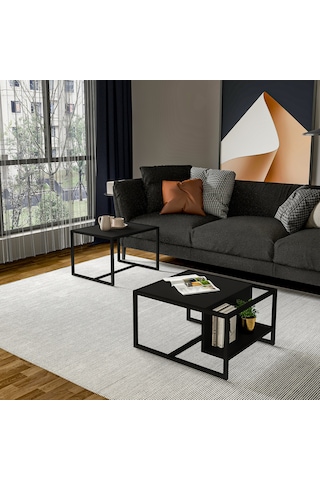 Batı 2 Li Modern Orta Sehpa Takımı Metal Ayaklı, Alt Raflı Antrasit