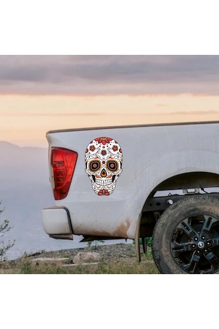 Çiçek Desenli Kurukafa Sticker - Araba Oto Araç Motosiklet Karavan Sticker - 00077 10X6 Cm