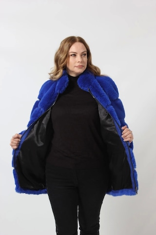 Moda Berray 3258 Kadın Fermuarlı Dık Yakalı Lüks Suni Kürk Kaban Saks