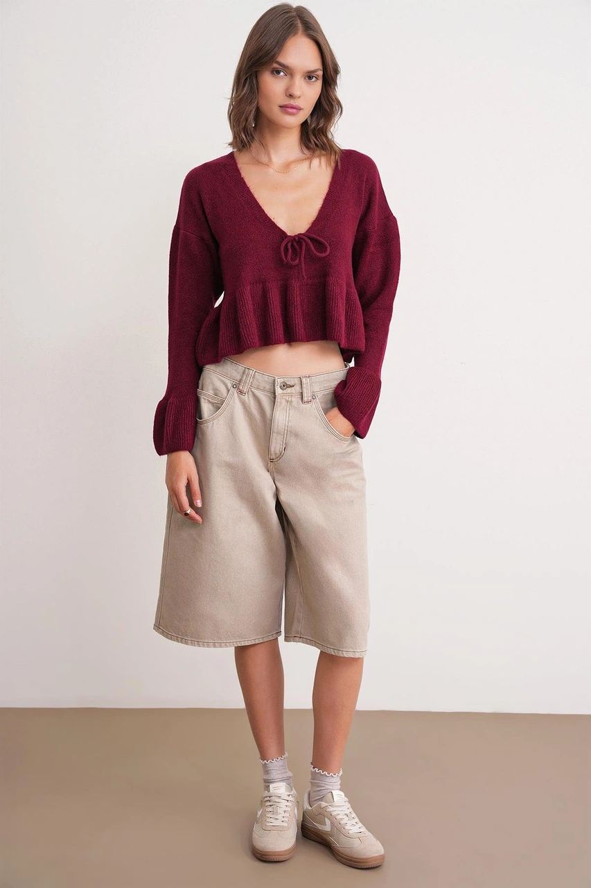 Mixray 6955 Kadın Fırfırlı Triko Kazak Bordo Bordo