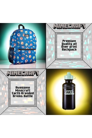 Lisanslı Minecraft 4 Parça Okul Çanta Seti Sırt Çantası, Beslenme Çantası, Kalemlik Ve Su Şişesi Mavi Mavi