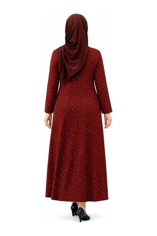 Hira Life Fashion Kadın Bisiklet Yaka Ful Kristal İki İplik Batal Tesettür Elbise Bordo Bordo