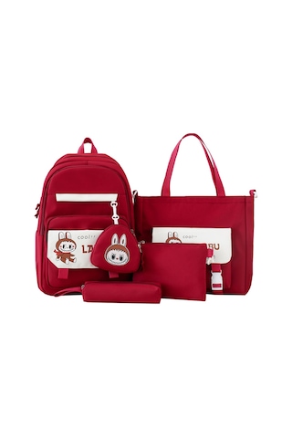 Dört Parçalı Öğrenci Sırt Çantası Makyaj Çantası Kırmızı