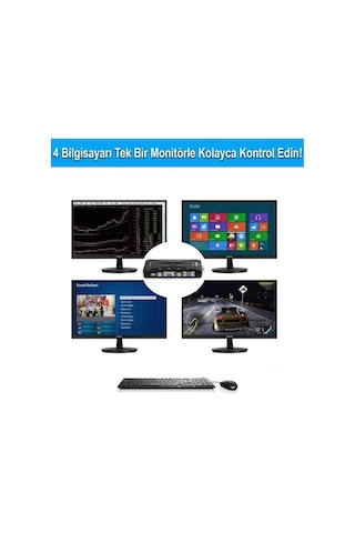 4 Port Kvm Switch Vga + Usb 2.0 - 4 Pc 1 Monitör Klavye Fare Kontrol Cihazı 1080p 30hz - Sürücüsüz