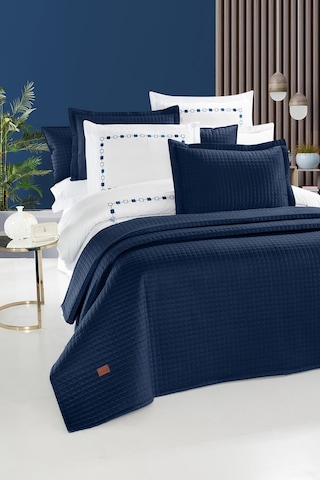 Elegante %100 Pamuk Saten Yatak Örtüsü Seti Lacivert Bej