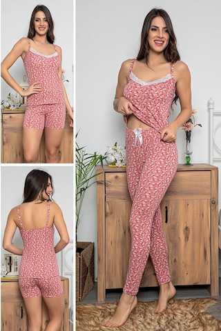 Myben Kadın Pembe Renkli Dantel Detaylı Şortlu Ve Taytlı Pijama Takımı 3'lü Set 75012 Pembe