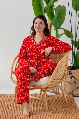 Nisanca Kışlık Yılbaşı Desenli Kadın Gömlek Polar Pijama Takımı- Geyikli Yılbaşı Pijaması- Büyük Beden Pijama Kırmızı