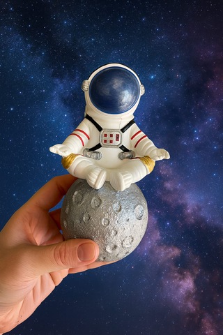 Momiko Uzay Temalı Meditasyon Yapan Beton Astronot Masaüstü Heykeli - Dekoratif Mini Figür -