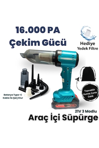 Yeni Araç Içi Süpürge 2 In 1 16000pa 3 Kademeli Vakumlu Üflemeli Araç Süpergesi Pro-hl-126 Mavi
