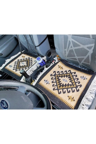 Reversible Oto Koltuk Kilim Seti 3 Parça Makine Dokuma Akrilik & Polyester Saçaklı - Siyah
