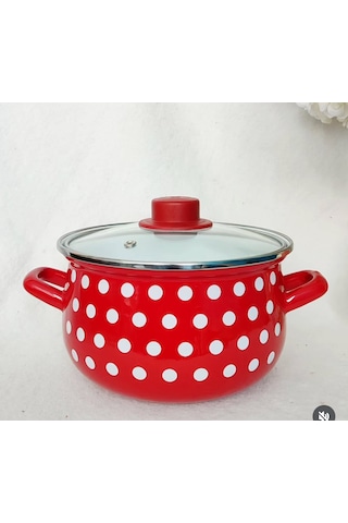 Retro Kırmızı Puantiyeli 20 Cm 3 Litre Emaye Süt Yoğurt Tencere