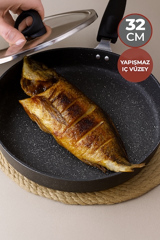 Granit Balık Tavası, Yanmaz Yapışmaz Börek Tavası 32 Cm Siyah