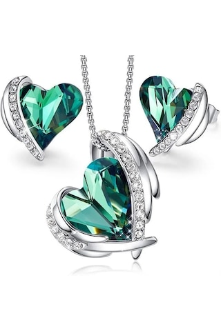 Trend Renkli Taşlı, Zirkon Taş İşlemeli Kalp Takı Seti Kolye Küpe , Yeni Yıl, Yeşil