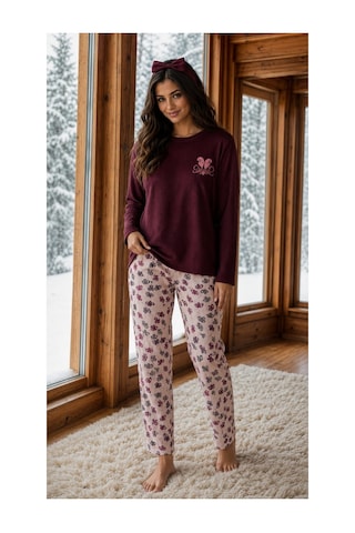Pemilo Kadın 8811-3 Berlin Uzun Kol Sıfır Yaka Pijama Takım Bordo