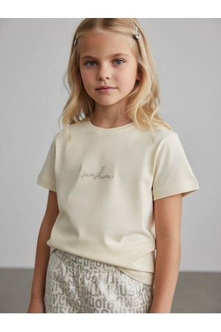 Zekids Kız Çocuk Sunshine Yazılı Tasarım T-shirt-16977 Krem