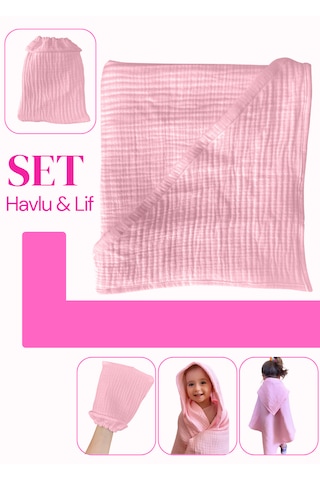 Joyous Mom Kids Organik Muslin Banyo Kese Ve Havlu Seti Pembe