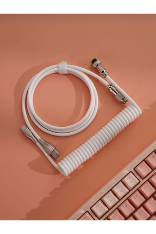 Mekanik Klavyeler İle Uyumlu Coiled Cable- Örgülü Sarmal Type-c Klavye Kablosu Beyaz