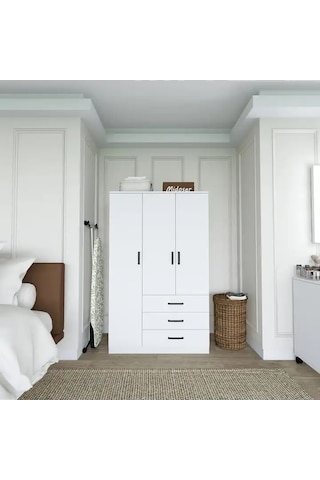 Easy Mat Beyaz 3 Kapılı 3 Çekmeceli Çok Amaçlı Elbise Dolabı Beyaz