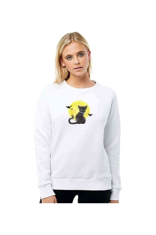 Cat On The Moon Baskılı Beyaz Kadın Sweatshirt