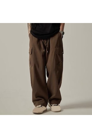 Çok Cepli Amerikan Tarzı Düz Geniş Paça Gevşek Bağcıklı Elastik Bel Erkek Kargo Pantolon Seyahat Günlük Kullanım İçin Sokak Pantolonu Kahverengi