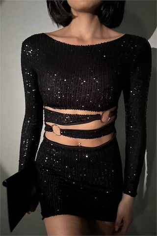 Dip Moda Kadın Siyah Halka Detyalı Mini Pul Payet Elbise Dpnbdf106 Siyah