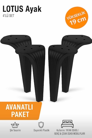 Lotus 19 Cm Siyah 4 Adet Koltuk Yatak Odası Tv Ünitesi Konsol Ve Sehpa Ofis Mobilyası Ayağı Yatak